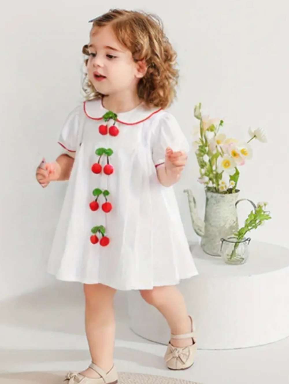 White Baby Dress with Cherry Appliqués   (New Listing)